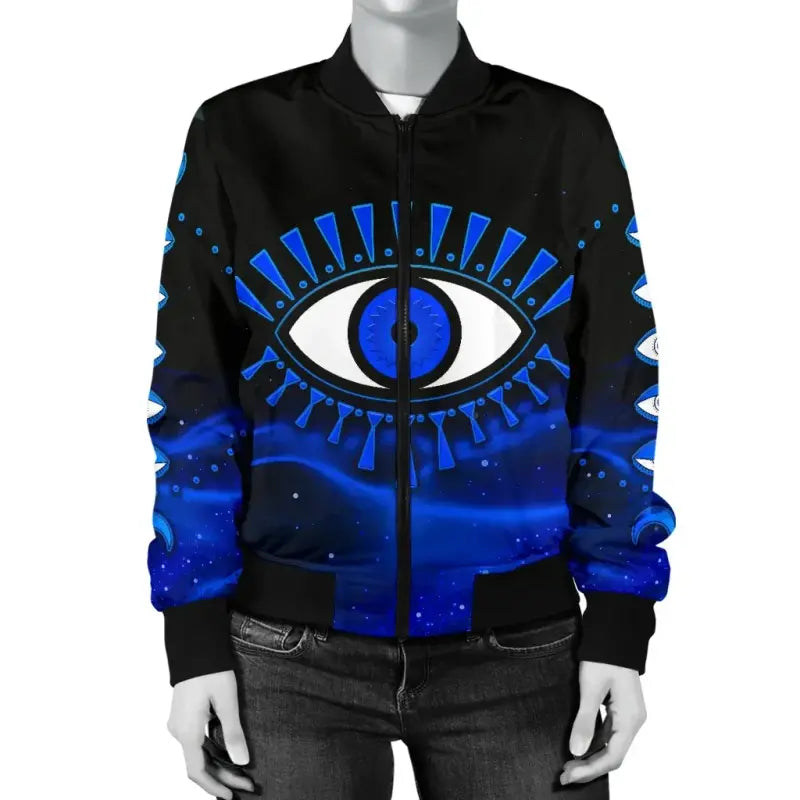 Black bomber jacket with blue evil eye graphic on chest and sleeves, zip front