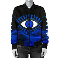 Black bomber jacket with blue evil eye graphic on chest and sleeves, zip front