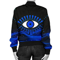 Black bomber jacket back view with large blue evil eye design and patterned rays