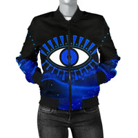 Black bomber jacket front with central blue evil eye print and blue gradient lower half