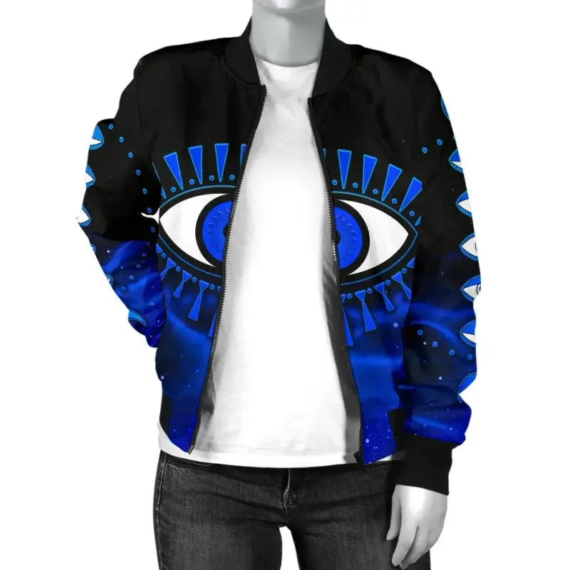 Black bomber jacket worn open over white shirt, featuring blue evil eye graphic