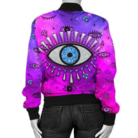Pink bomber jacket back view with large evil-eye motif, black hem and ribbed cuffs