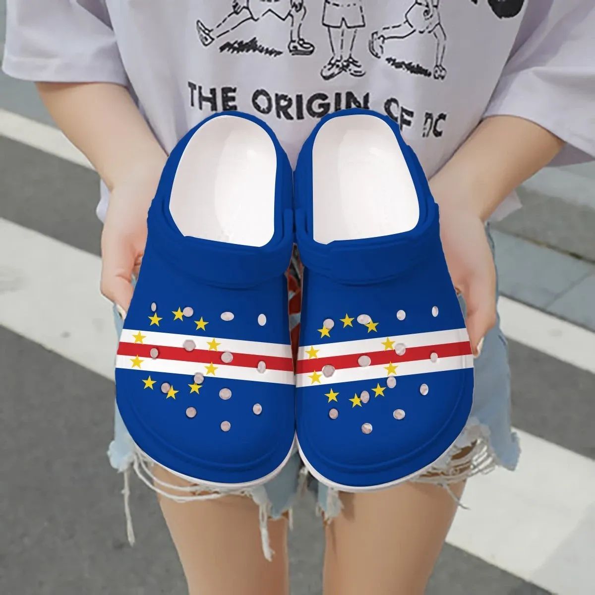 Cape Verde Flag blue clogs with star-and-striped pattern on both uppers