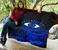 Evil eye premium quilt, black diamond stitched top with vivid blue starry lower panel