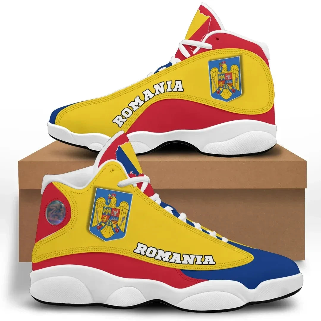 Romania high-top sneakers with yellow upper, red side panel, blue laces, white sole