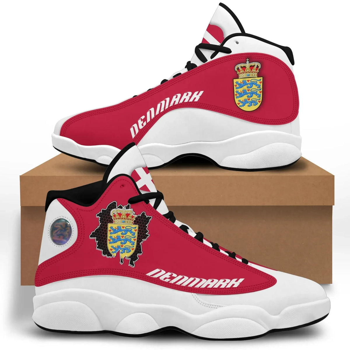 Red high-top sneakers with Denmark crest, white midsole, lace-up design