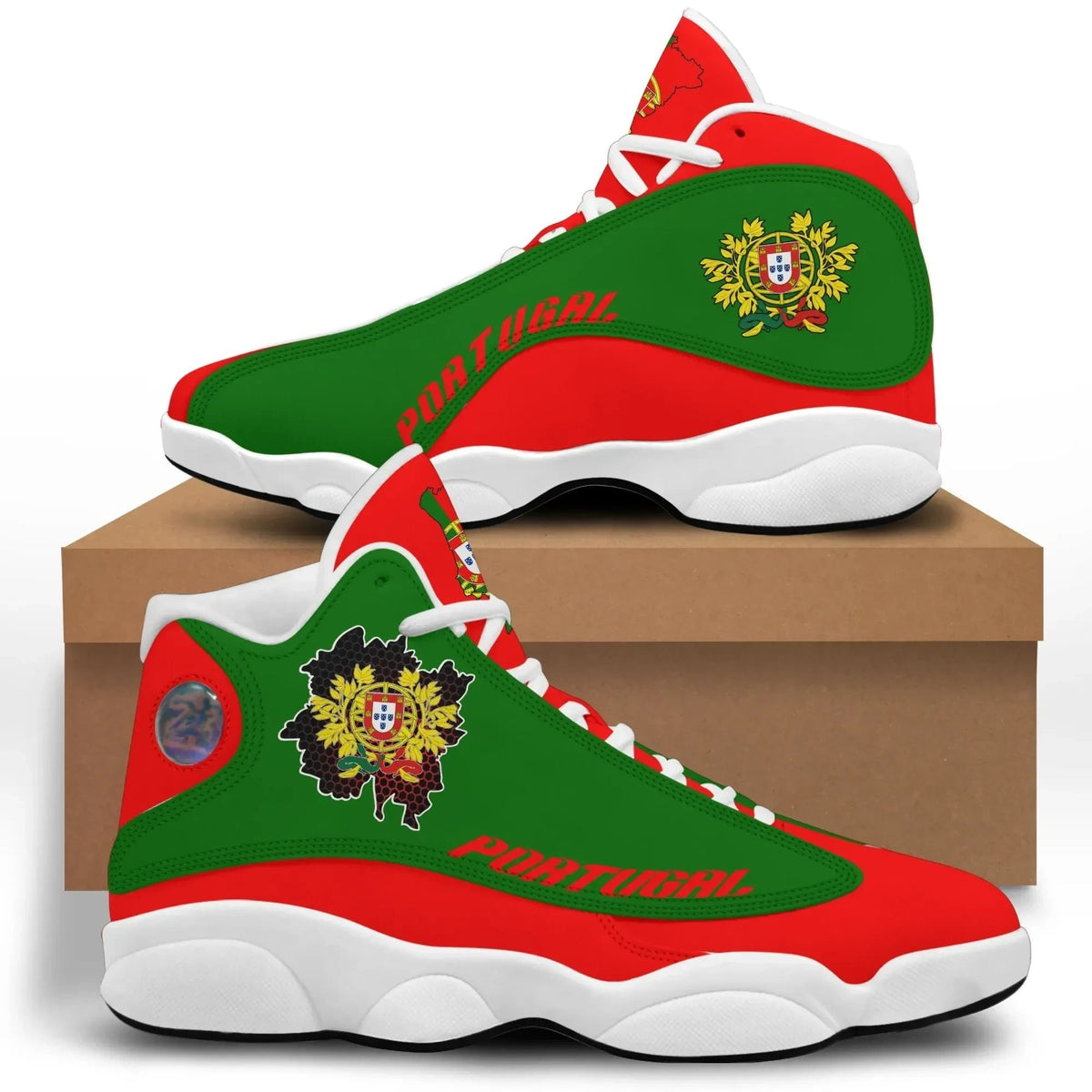 Portugal high-top sneakers in green and red with Portugal crest patch and white rubber sole