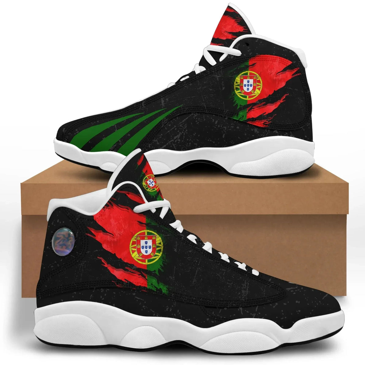 Black high-top sneakers with Portugal flag graphic, red/green accents, white sole.