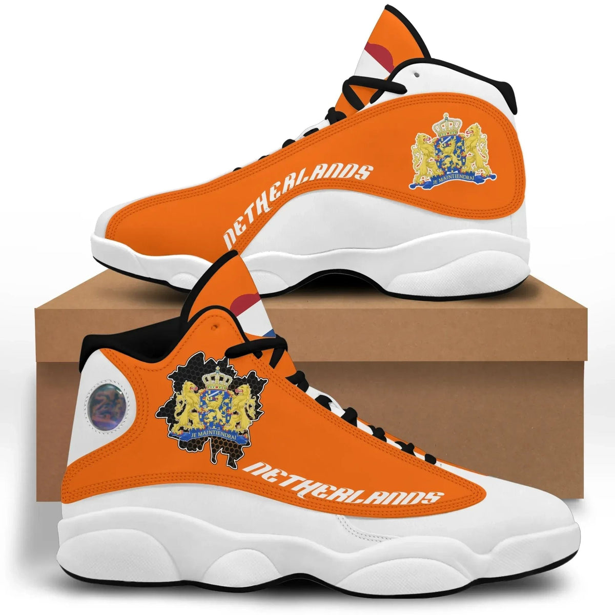 Orange high-top sneakers with white sole, black trim, logo crest on side