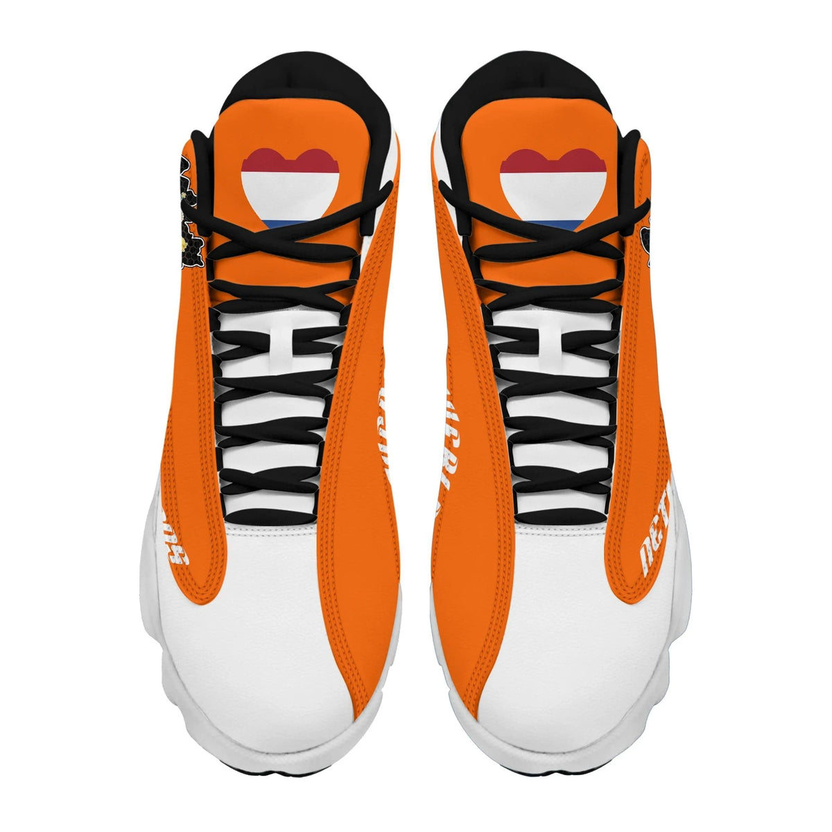 Orange high-top sneakers pair with black laces, heel tabs, rear logo detail