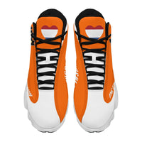 Orange high-top sneakers pair with black laces, heel tabs, rear logo detail