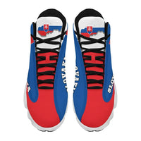 Back view of blue and red high top sneakers with Slovakia flag patches and black lace-up details