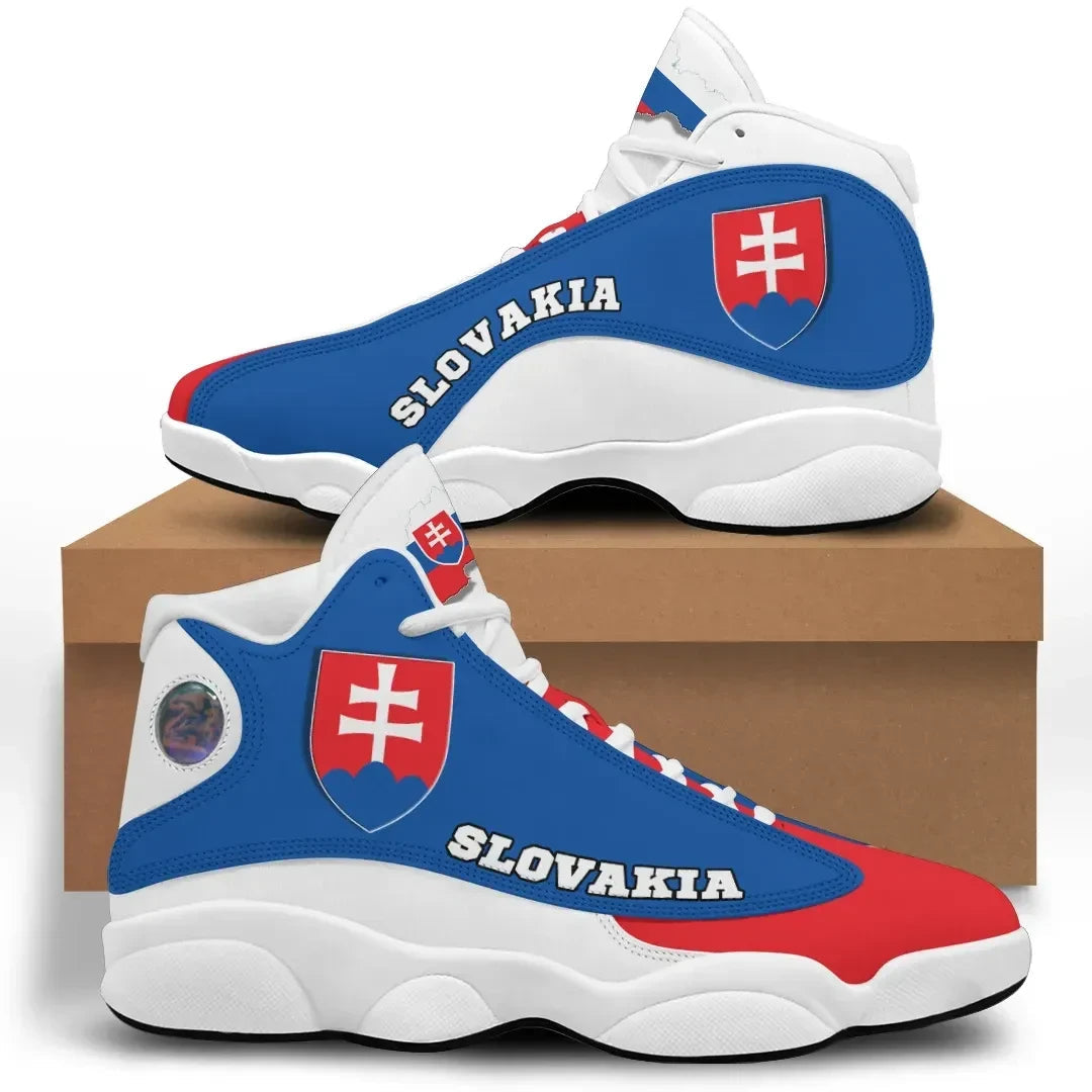 High top sneakers in blue, red, and white with Slovakia flag crest and SLOVAKIA lettering