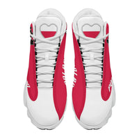 Rear view of red-and-white high-top sneakers with white laces and Poland flag patch