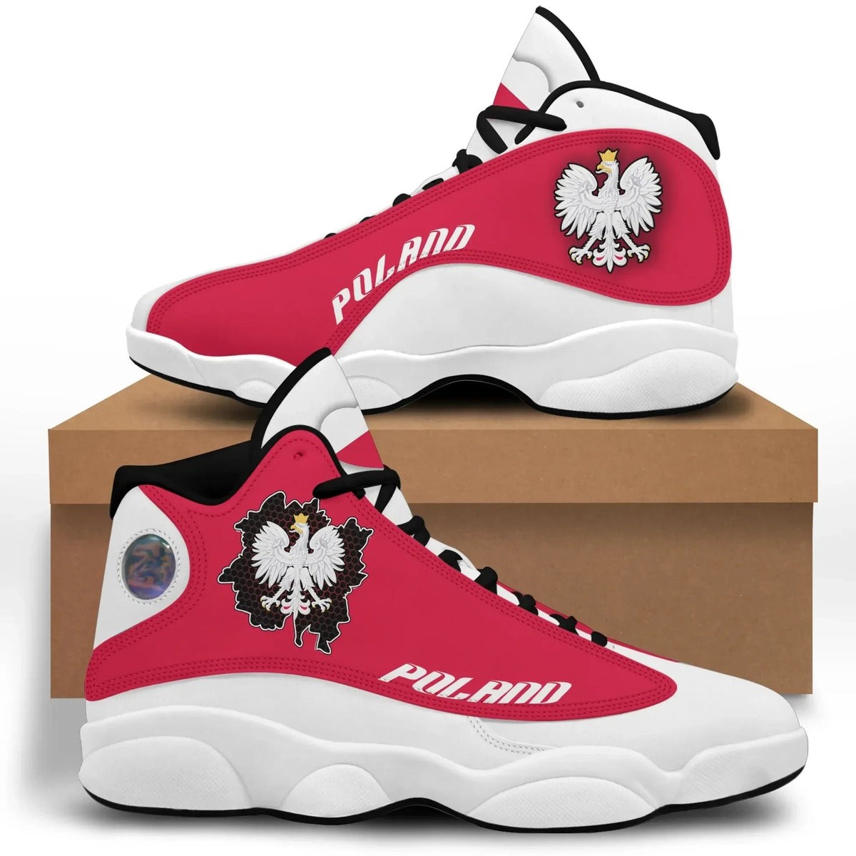 High-top sneakers in red and white with eagle crest patch and black accents