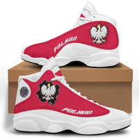 Red and white high-top sneakers with eagle crest logo on side and thick white sole