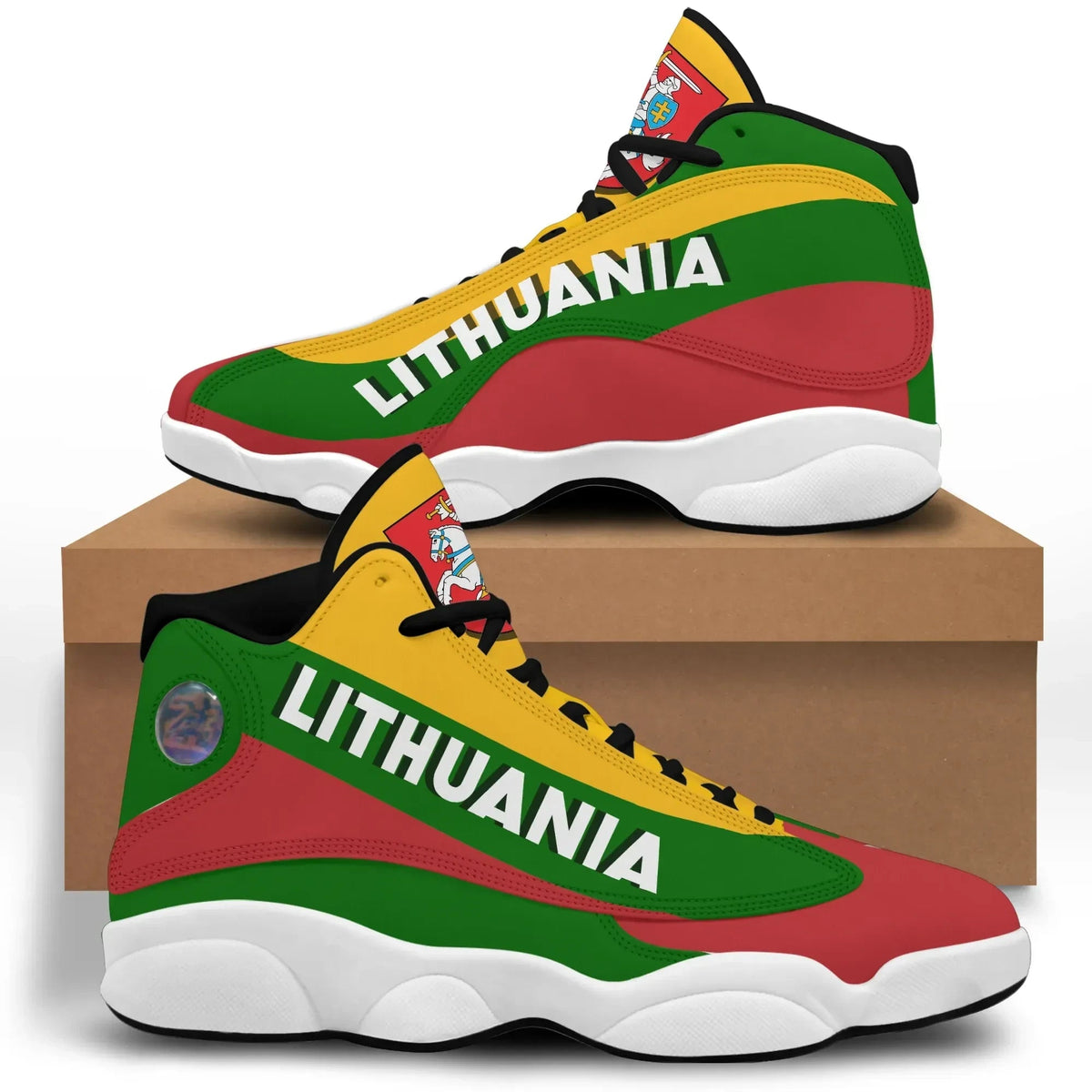 Lithuania flag high-top sneakers with green, red, yellow panels and white midsole