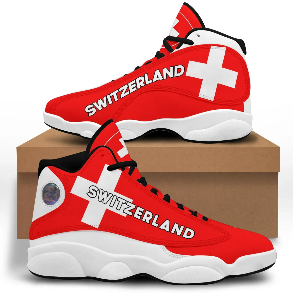Red high-top sneakers with Swiss cross flag and 'SWITZERLAND' lettering, white sole, black laces