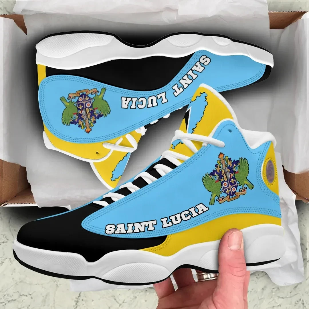 Saint Lucia high-top sneakers, light blue with yellow accents and graphic crest