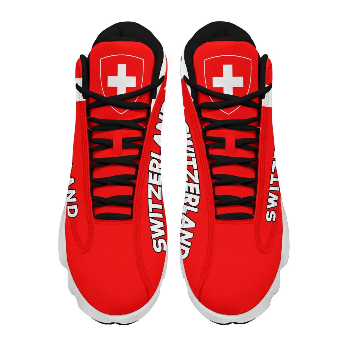 Red high-top sneakers front view, Swiss cross on heel panels, black lace-up with white accents