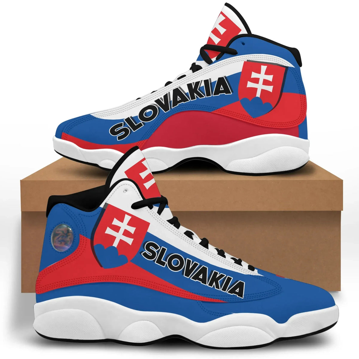 High-top sneakers with Slovakia flag print, blue/red accents, white soles and laces