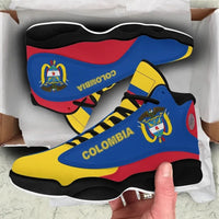 Color-block high-top sneakers with Colombia logo, black collar, yellow laces, red trim