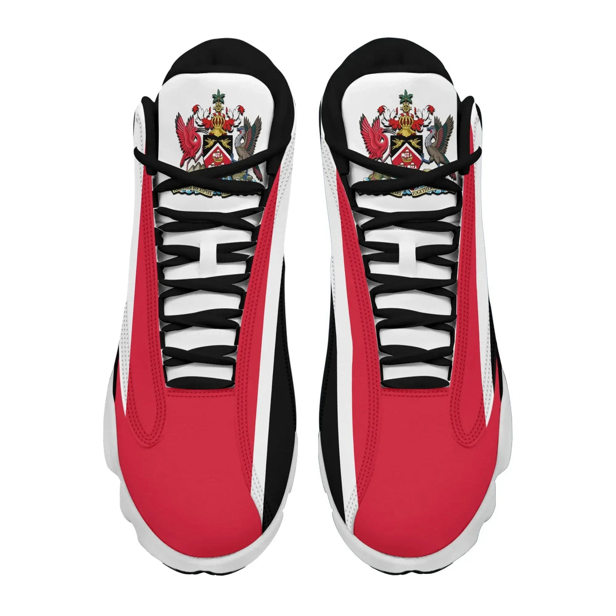 Pair of high-top sneakers, red uppers with Trinidad & Tobago crest on tongues