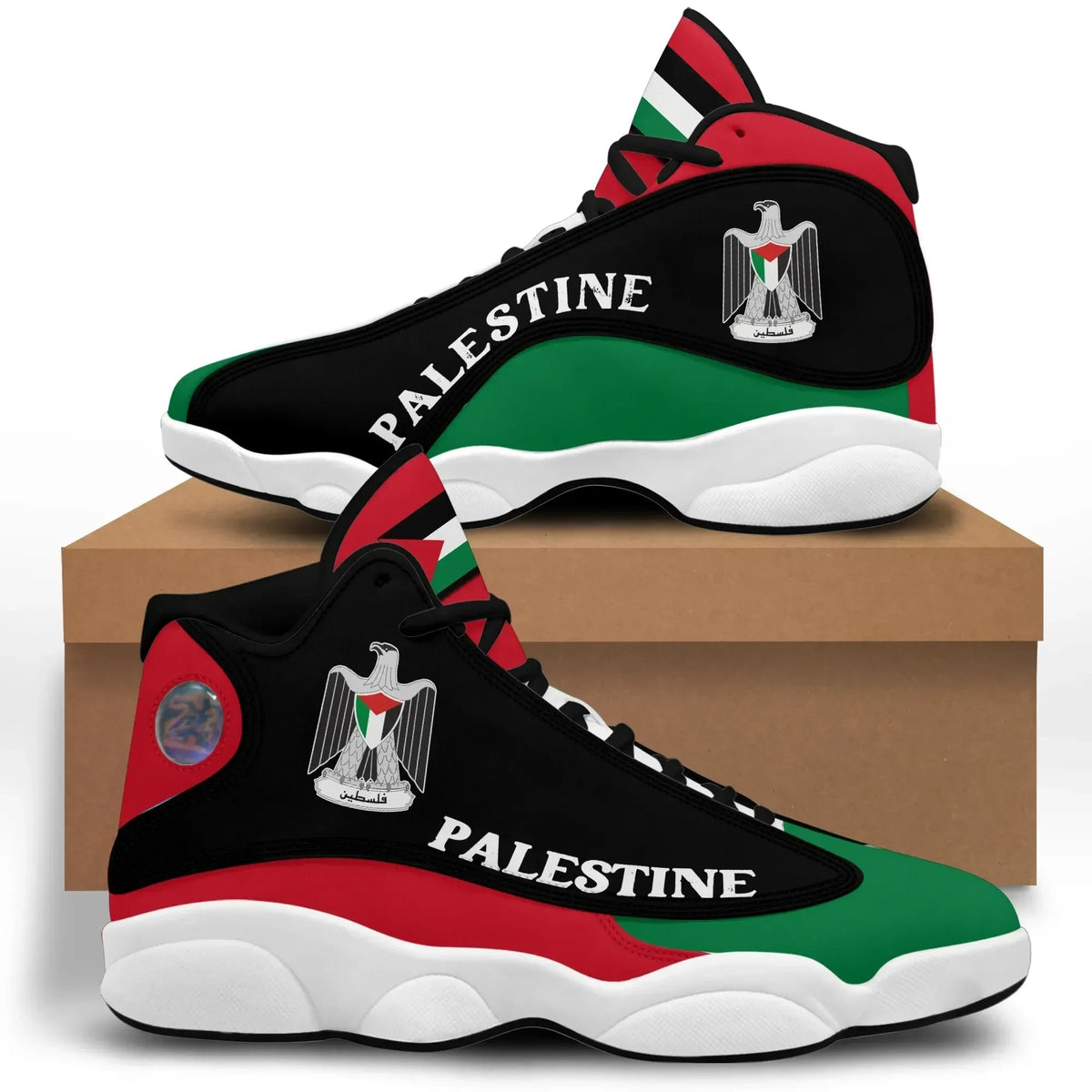 High-top sneakers with black upper, red/green accents, white sole, “PALESTINE” print