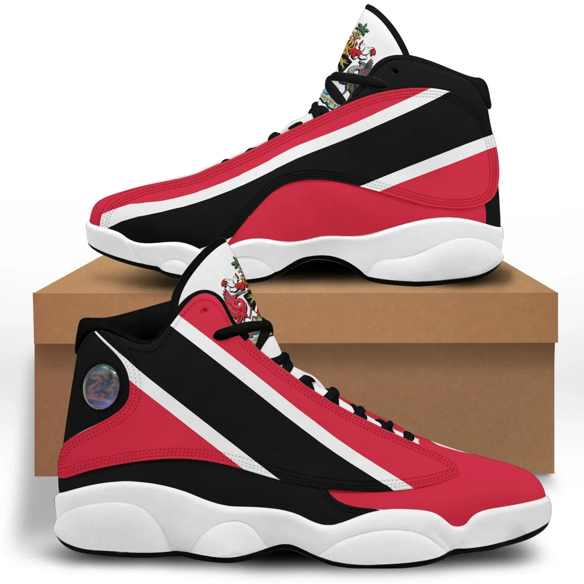 High-top sneakers with red, black, white panels and Trinidad & Tobago flag crest