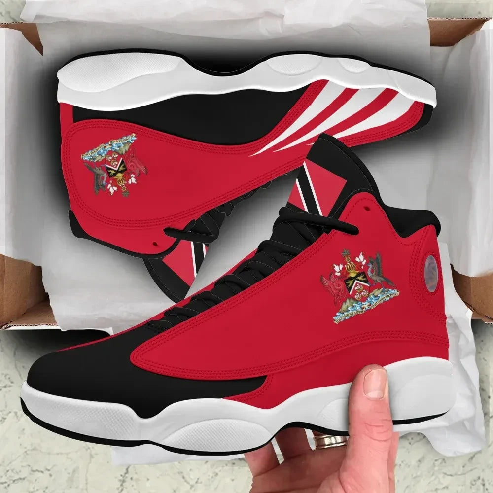 Red high-top sneakers with Trinidad and Tobago crest, white sole and black lace panel