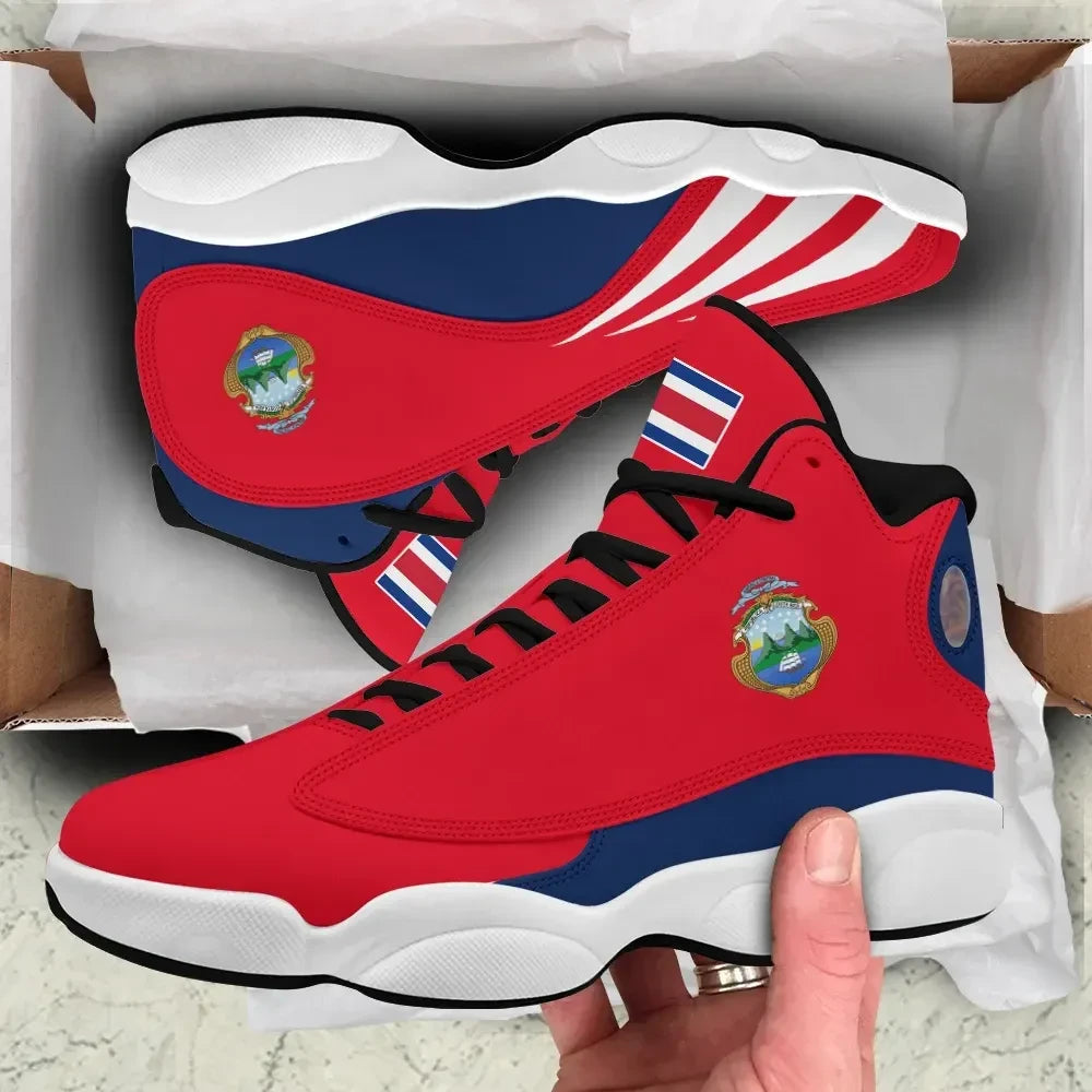 Red/blue Costa Rica flag high-top sneakers with white sole, side emblem detail