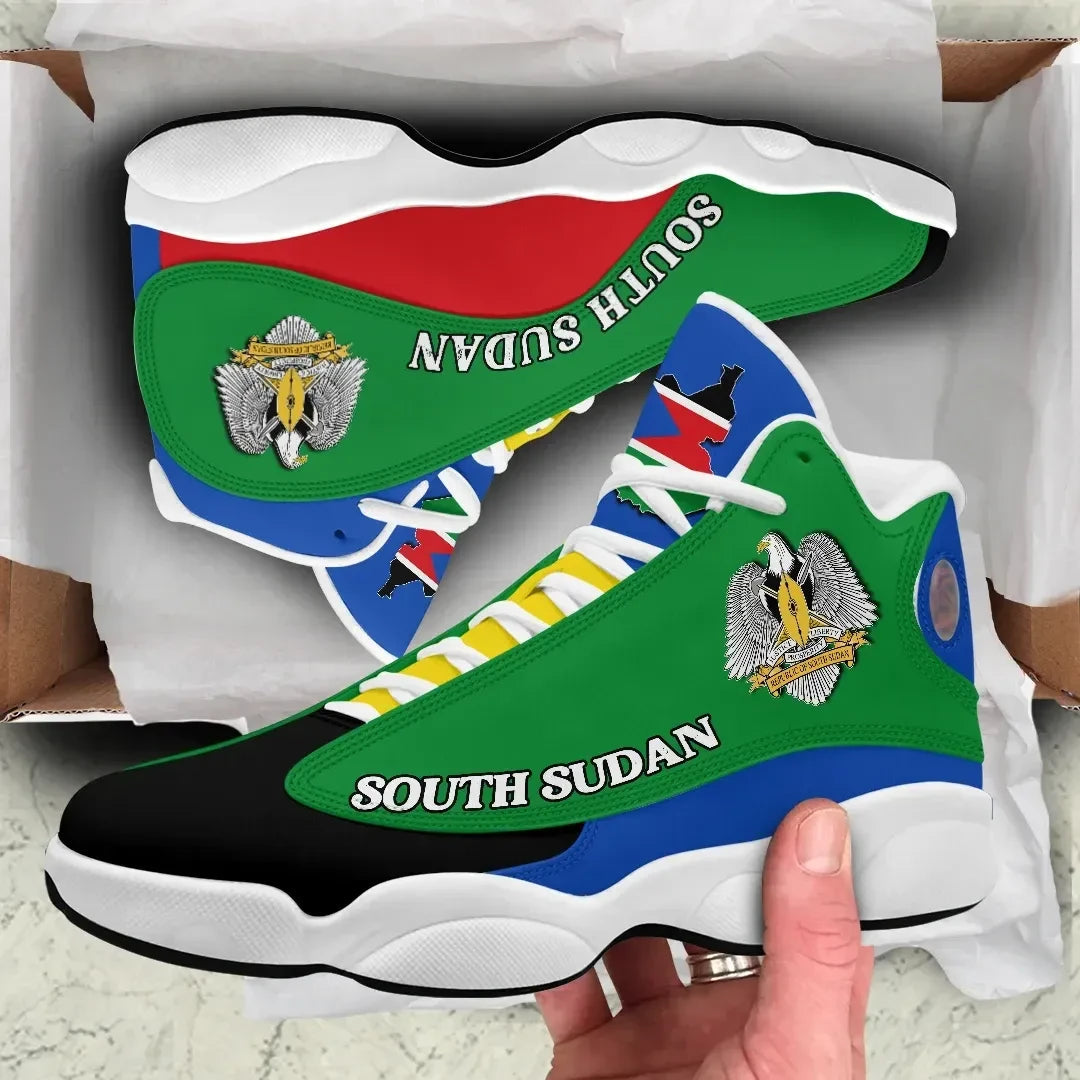 Green high-top sneakers, South Sudan crest and flag panels, white soles