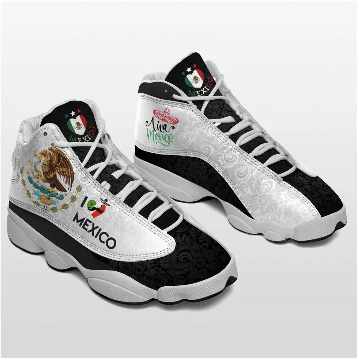 Black and white high-top sneakers with Mexico graphic and lace-up front
