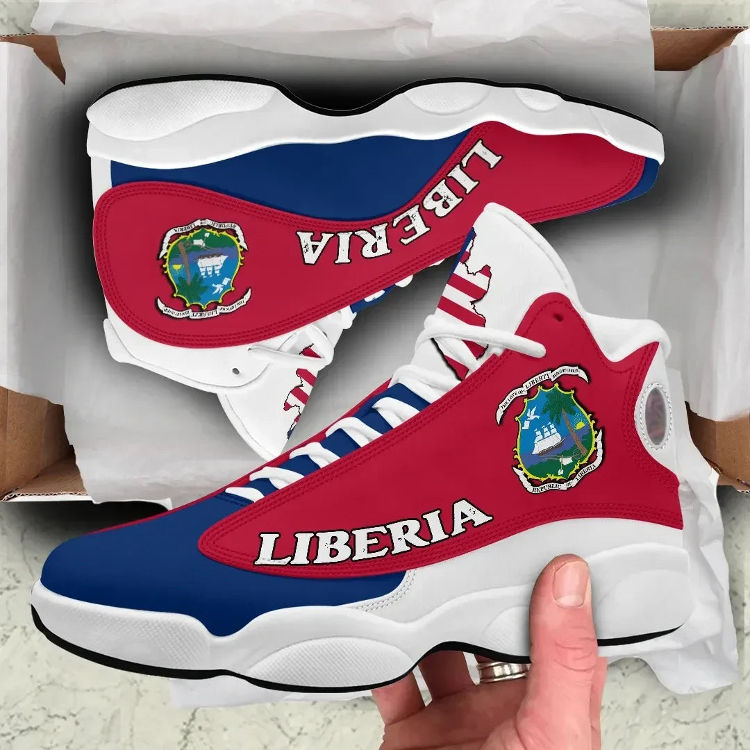 Liberia high-top sneakers in red/blue, 'LIBERIA' text, white laces