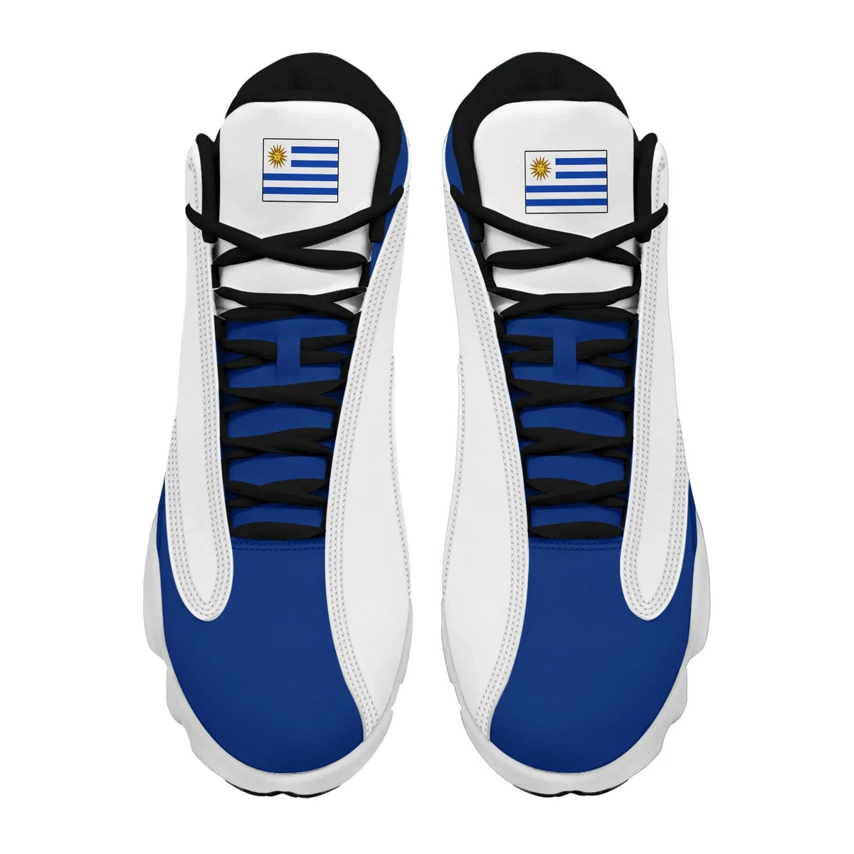Pair of white high-top sneakers with Uruguay flag tongue patch and black lace-up.