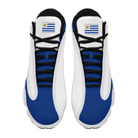 Pair of white high-top sneakers with Uruguay flag tongue patch and black lace-up.