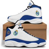 White and blue high-top sneakers with Uruguay flag patch, black laces, thick sole.