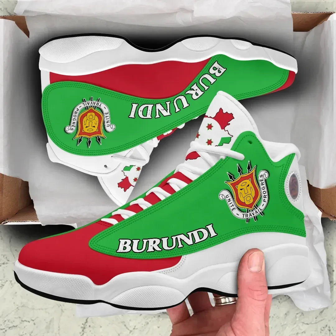 Green high-top sneakers with red accents, white sole, “BURUNDI” logo on side