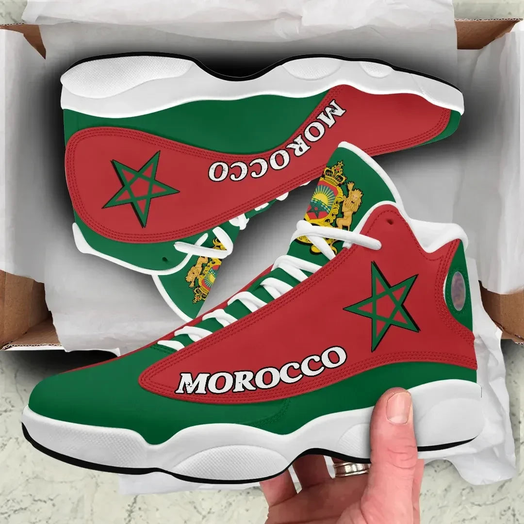 Red and green high-top sneakers with lace-up, star logo and “MOROCCO” text