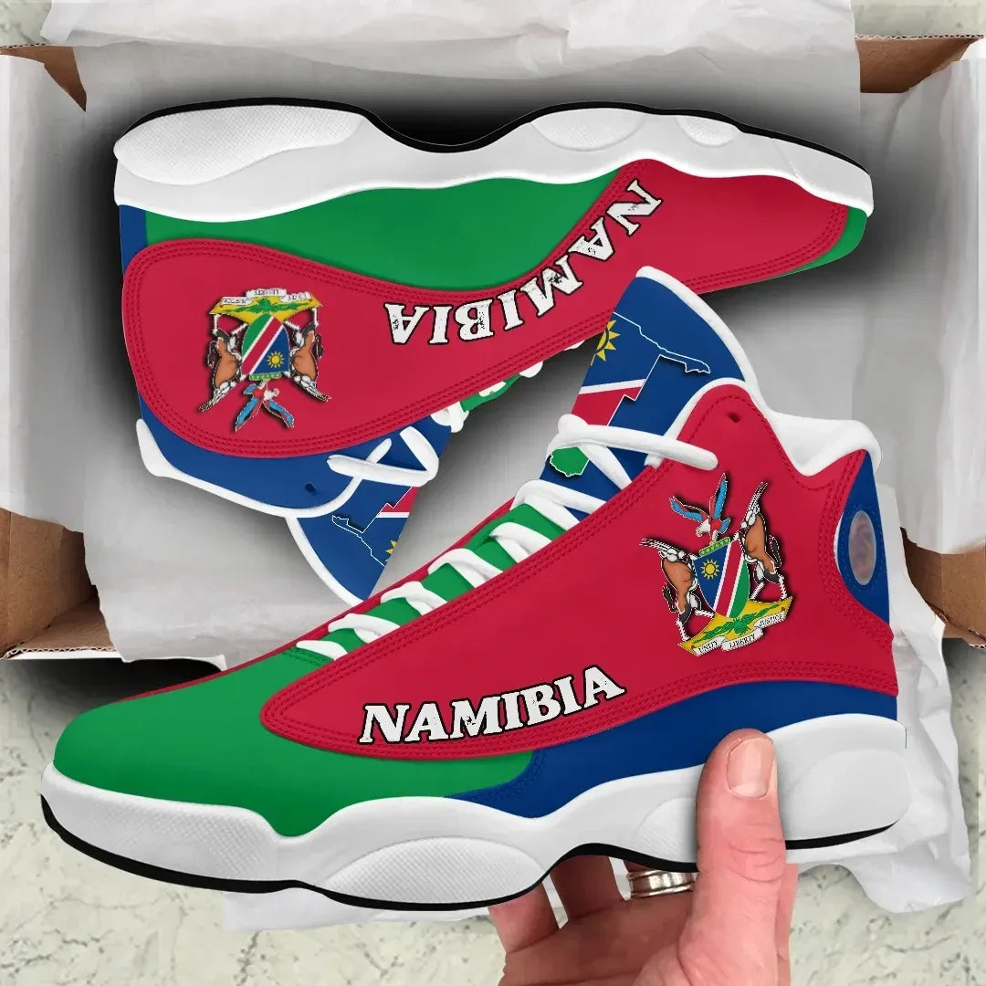 High-top sneakers with Namibia graphic, red/green/blue panels, lace-up, white sole.