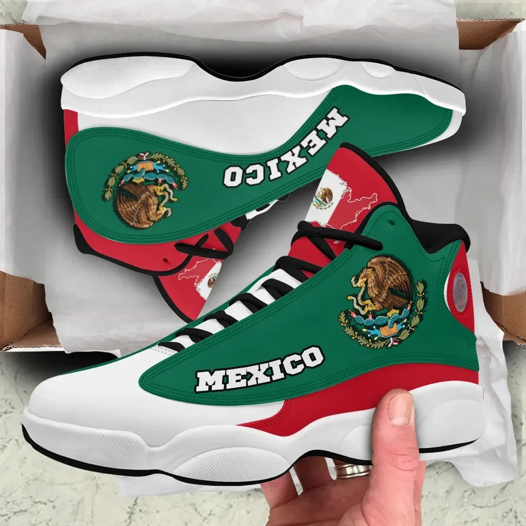 Green high-top sneakers with MEXICO lettering, lion crest, white laces and soles