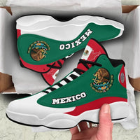 Green high-top sneakers with MEXICO lettering, lion crest, white laces and soles