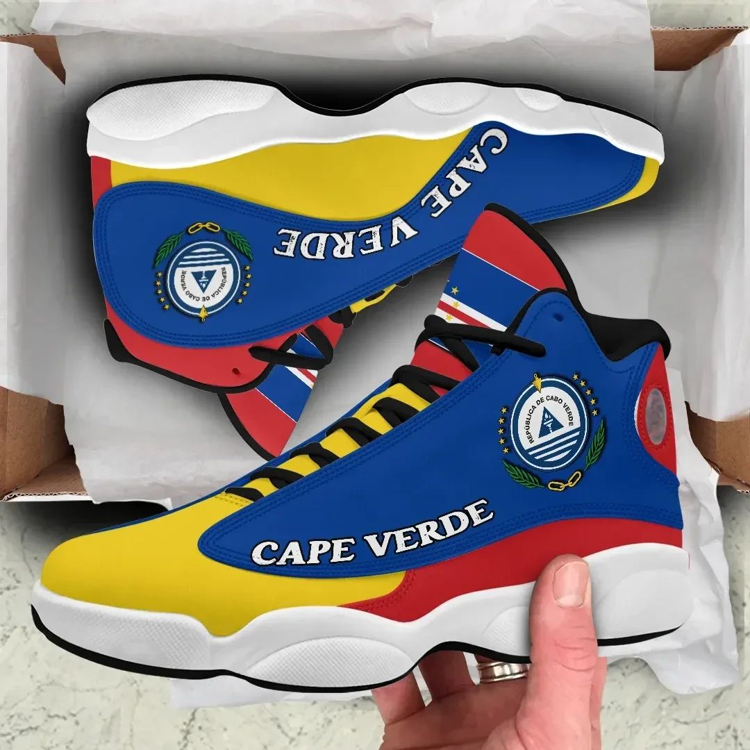 Pair of Cape Verde high-top sneakers, blue with yellow-red accents, “CAPE VERDE” on side