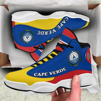 Pair of Cape Verde high-top sneakers, blue with yellow-red accents, “CAPE VERDE” on side
