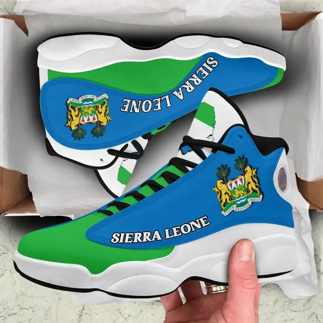 Sierra Leone high-top sneakers, blue upper with green toe panel and black lace