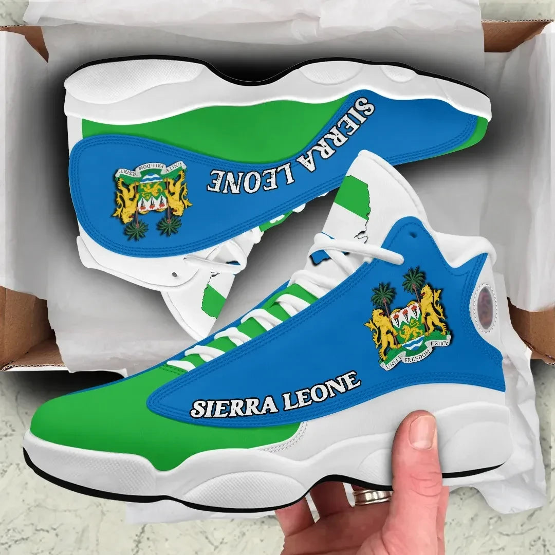Colorful high-top sneakers with Sierra Leone crest on side and green/blue accents