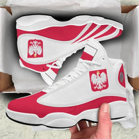 Pair of white high-top sneakers with red sole and Poland crest on side