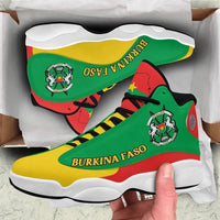 Pair of high-top sneakers, green with black laces and yellow/red accents, 'BURKINA FASO' logo