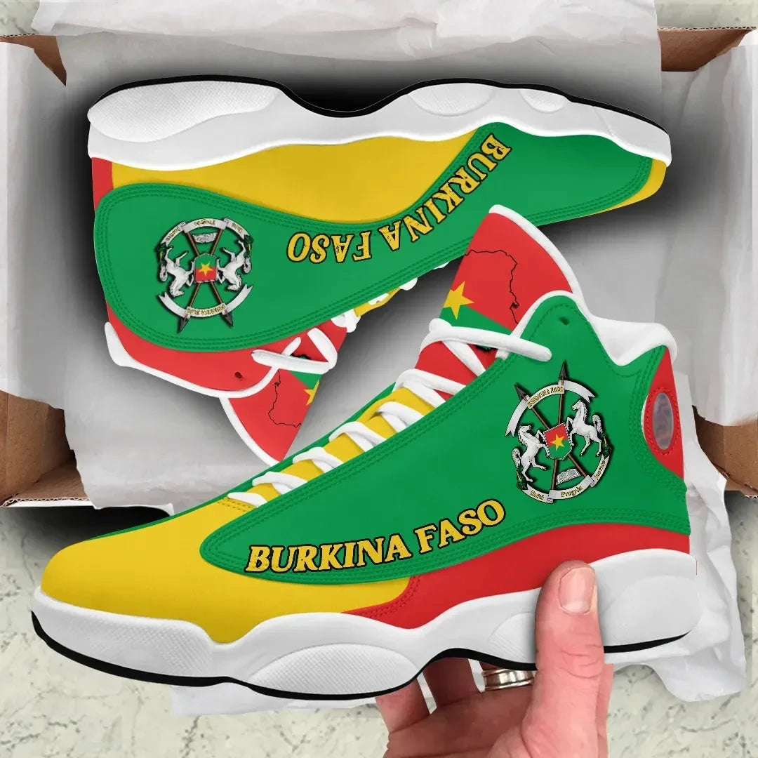 Burkina Faso high-top sneakers, green with yellow/red accents, crest and 'BURKINA FASO' text