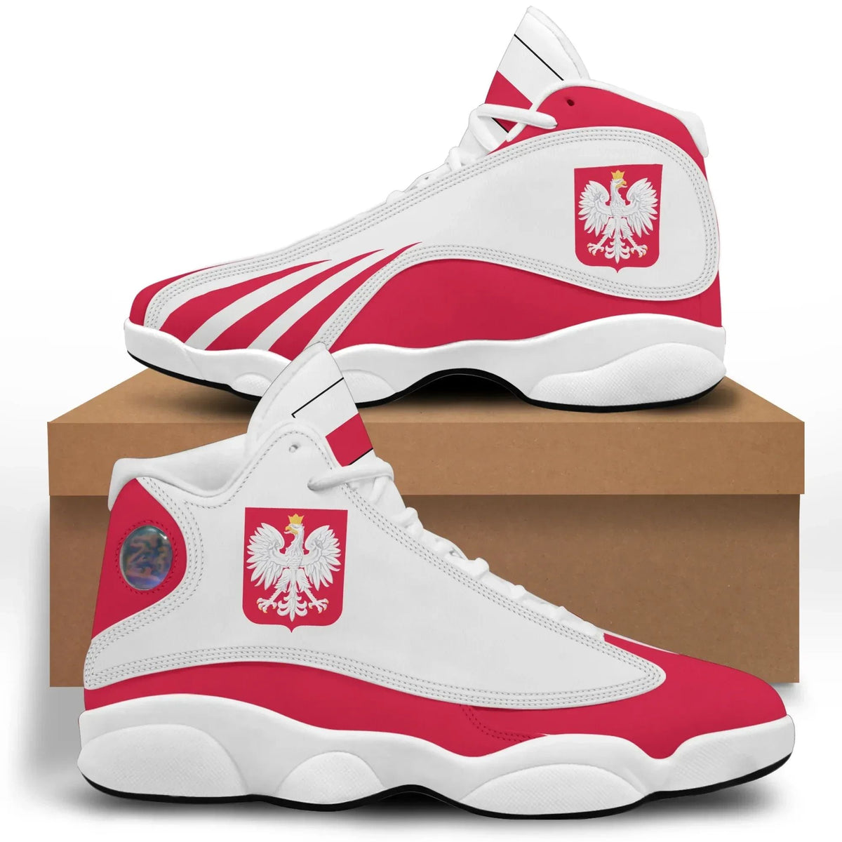 White high-top sneakers with red accents and Poland crest on side and heel